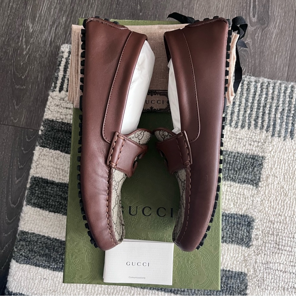 NEW 🤎 Gucci Interlocking GG Brown Supreme Canvas & Leather Driver M7.5/8 W9.5-10 - Picture 7 of 13